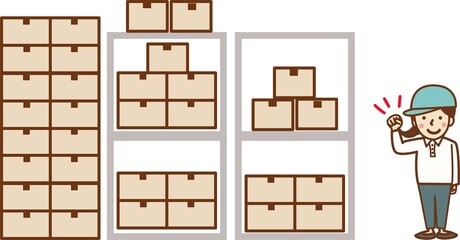 倉庫でガッツポーズをする作業員の女性。