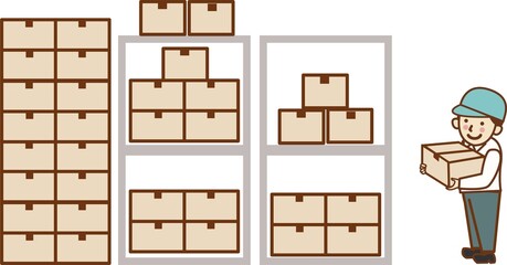 倉庫で段ボールを持つ作業員の男性。