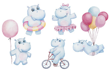 Hand drawn cute hippo with swimming circle, ice cream and balloon watercolor illustration. Cartoon hippopotamus isolated on white. Cute baby character for printing, postcards and invitations