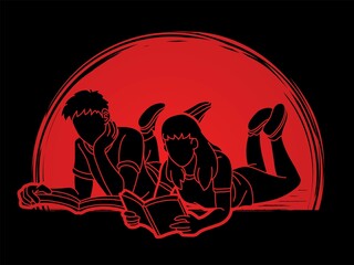 Man and Woman Reading Books Together Cartoon Graphic Vector