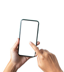 adult man hand using cell phone with white screen isolated