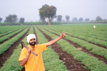 Indian farmers using spades working in a farm