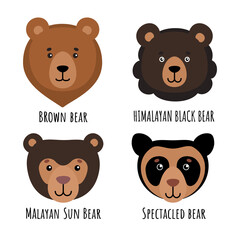 Cute bears of different species: Brown, Himalayan black, Malayan sun and Spectacled bear. Set of animal portraits in flat style. Vector illustration.