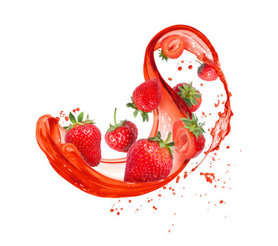 Strawberries in splashes of red juice isolated on a white background