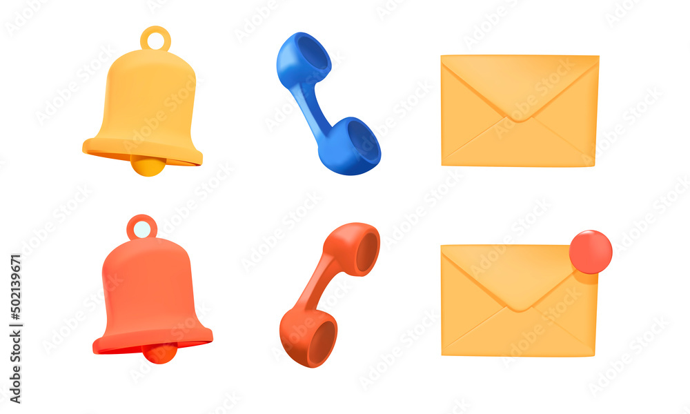 Poster bell notification and message symbol, telephone receiver. realistic 3d design of objects. red and gr