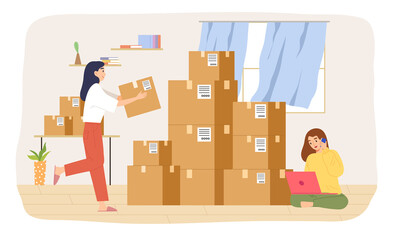 Two young females start a business at home. Concept of e-commerce, online sale, packing, delivery, Online shopping, home office, logistics. New order, internet. Flat vector illustration character. 