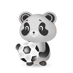 Vector 3d illustration, cute panda is playing soccer. Kawaii smiling cartoon animal. Suitable for cards, baby products, children's books, goods. © Violetta