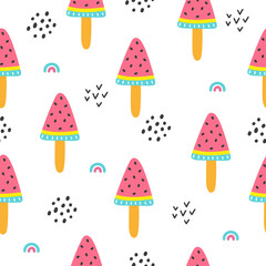 Seamless pattern with color cartoon watermelon ice cream with rainbow and dots