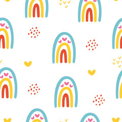 Seamless childish colorful pattern with hand drawn rainbows and hearts, dots. Vector illustration