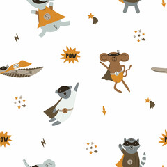 Seamless pattern with animals in funny superhero costumes. Cute vector background with monkey, raccoon, crocodile, elephant isolated on white background.