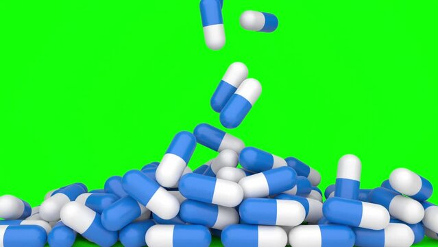 White pills tablets medication falling over green screen - 3D animation
