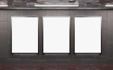 Three blank billboards on underground subway wall Mockup. Hoardings advertising triptych on train station interior 3D rendering