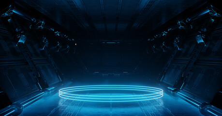 Blue spaceship interior with glowing neon lights podium on the floor. Futuristic corridor in space station with circles background. 3d rendering - obrazy, fototapety, plakaty
