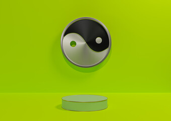 Bright, lime, neon green 3D rendering product display background simple, minimal with metallic Yin and yang symbol podium or stand with golden line, backdrop nature cosmetic luxury product photography