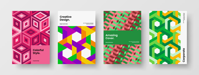 Simple placard design vector concept set. Fresh geometric hexagons brochure layout composition.