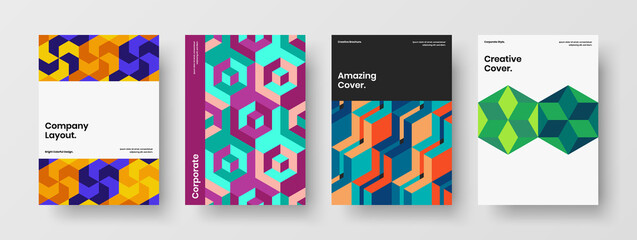 Bright magazine cover A4 design vector concept set. Clean geometric pattern front page template bundle.