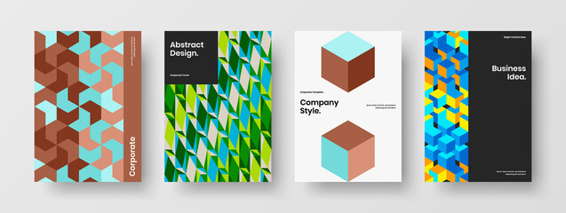 Creative geometric pattern front page template collection. Vivid company brochure design vector concept set.
