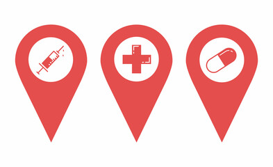 Set pin map marker pointer icon, GPS location flat symbol, arrows – vector. Map pins pointing to the hospital, pharmacy. Design elements for mobile app, banner, poster, pill advertising, pharmacy