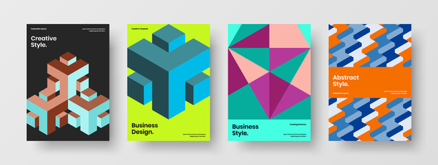 Modern geometric tiles book cover illustration bundle. Colorful company brochure design vector template set.