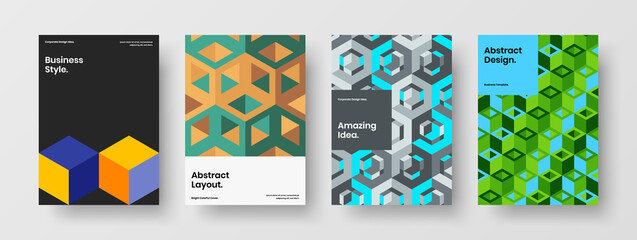 Fototapeta premium Multicolored company identity A4 vector design layout collection. Vivid mosaic shapes cover template composition.