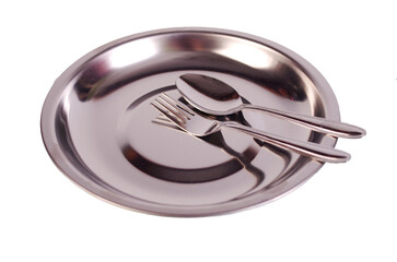 Metal plate, fork and spoon. Isolated on white.