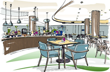 Buffet restaurant interior - hand drawn sketch