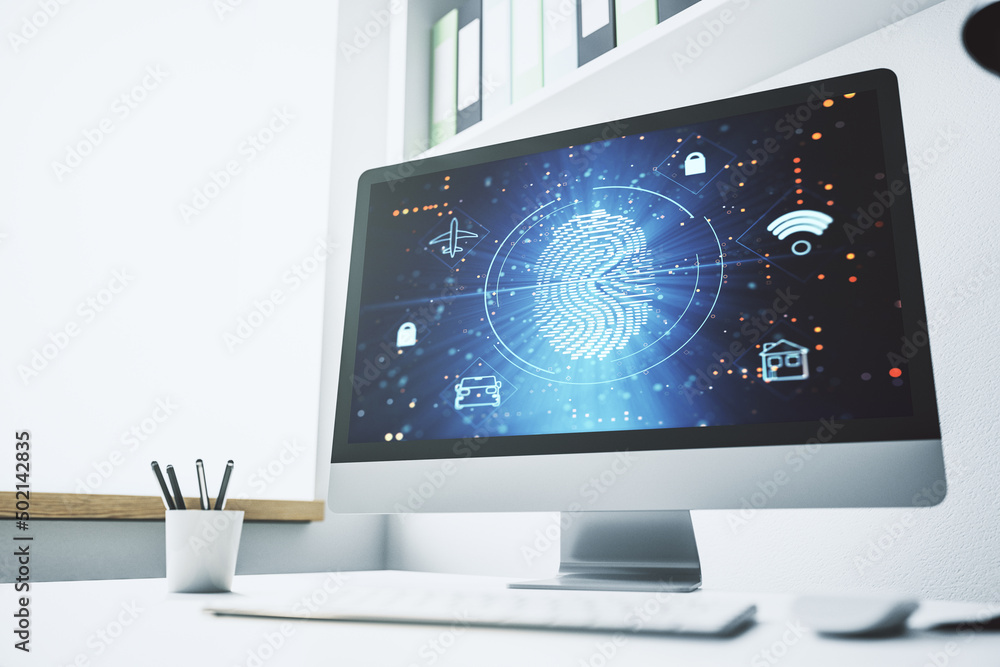 Poster modern computer monitor with abstract creative fingerprint hologram, research and development concep