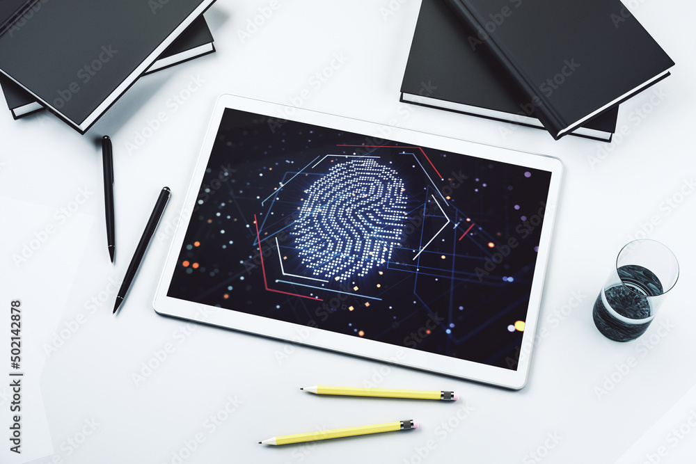 Poster abstract creative fingerprint concept on modern digital tablet screen. top view. 3d rendering