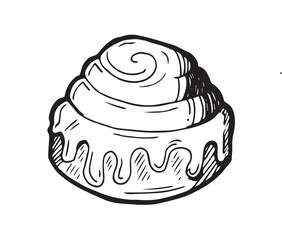 Baking cupcake pie with drips of cream. White sweet bread pastries. Ready dish. Food delicious. Hand drawing outline. Isolated on white background. Monochrome drawing. Vector