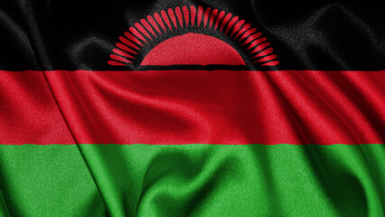 Close up realistic texture fabric textile silk satin flag of Malawi waving fluttering background. National symbol of the country. 6th of July, Happy Day concept
