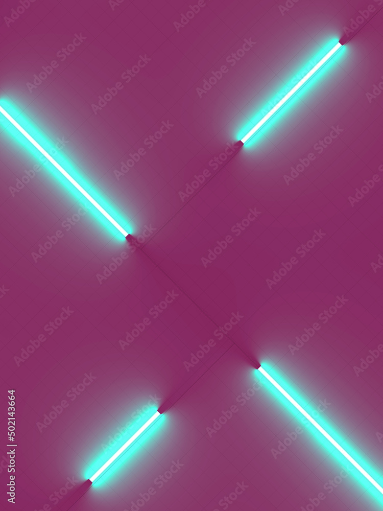 Poster Fluorescent lamps on a violet background. Abstract design. Wave pattern. 3d rendering digital illustration