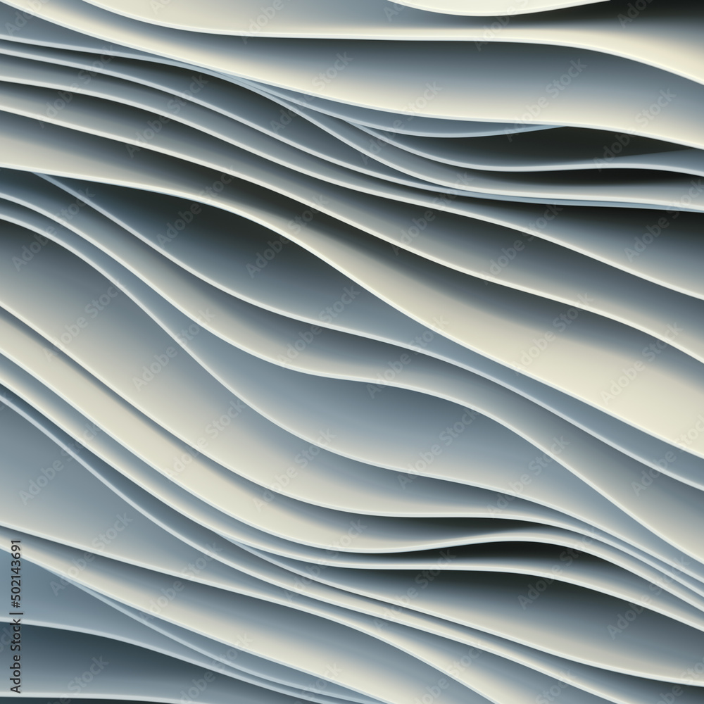 Poster Smooth wavy white fabric stripes in the wind. Modern abstract background. 3d rendering digital illustration
