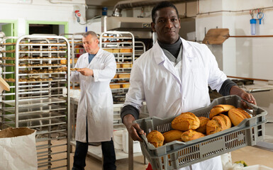 Portrait of successful baker during daily work in bakeshop. High quality photo
