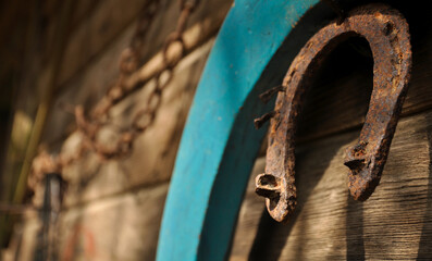 A rusty horseshoe and harness hanging on a wooden wall