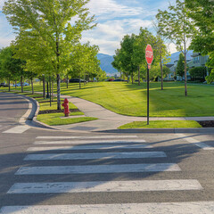 Square Whispy white clouds Crosswalk lanes at the intersection near the residential area at...