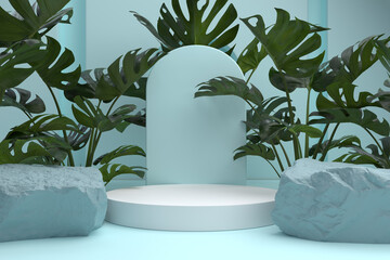 Abstract rock monstera background for cosmetic product display, podium 3d rendering