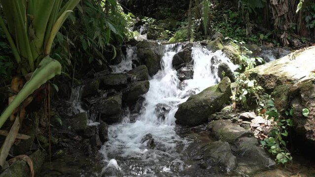 Close-up shot of a waterfall cascading down a rock in slow motion, laterite palace