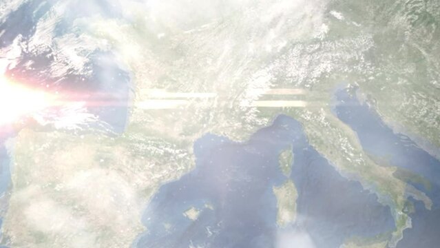 Earth zoom in from outer space to city. Zooming on Avignon, France. The animation continues by zoom out through clouds and atmosphere into space. Images from NASA