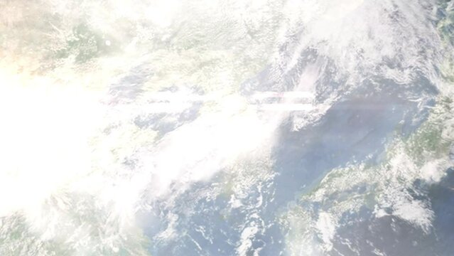 Earth zoom in from outer space to city. Zooming on Gimpo, Gyeonggi-do, South Korea. The animation continues by zoom out through clouds and atmosphere into space. Images from NASA