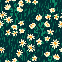 Cute floral print with small daisies, other flowers, leaves, grass on a green field. Seamless pattern, simple botanical background with meadow cover, drawn plants. Vector illustration.