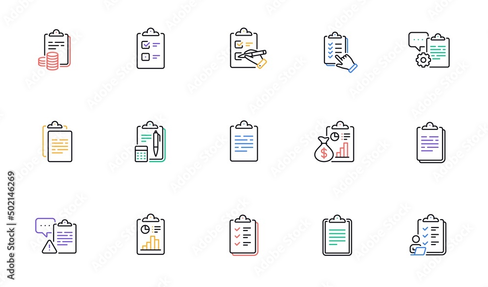 Poster checklist documents line icons. agreement info, clipboard manager, accounting report. medical schedu