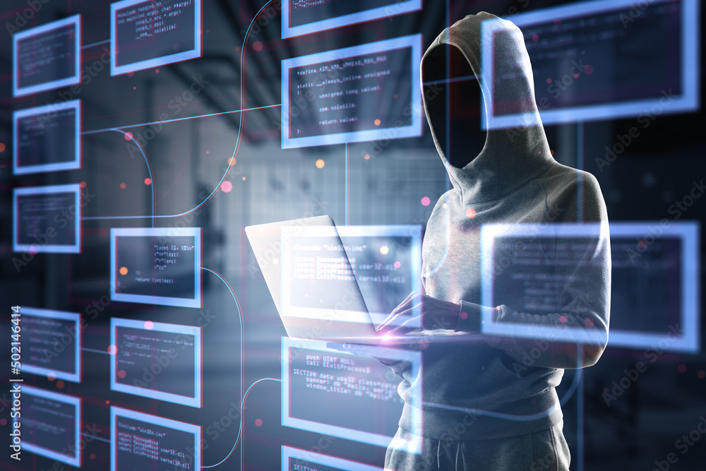 Poster Hacker standing and using laptop with abstract creative coding programming hologram on blurry interior background. Science, technology and software concept. Double exposure.