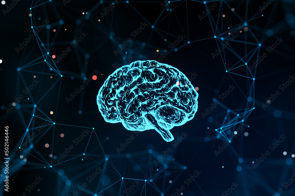 Aufkleber creative polygonal brain hologram on dark background. neurology and anatomy concept. 3d rendering.