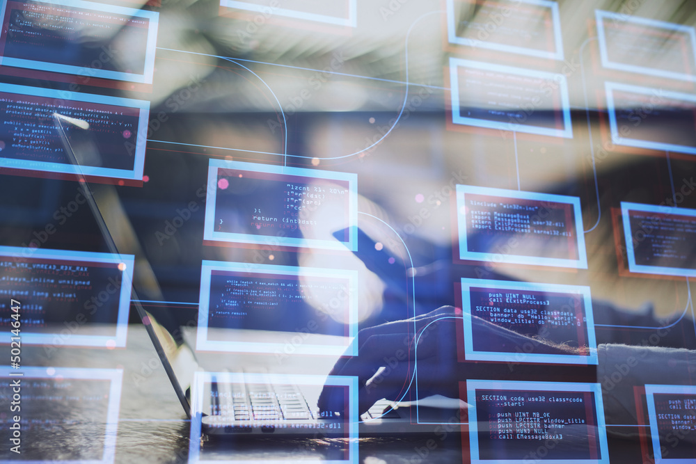 Aufkleber Close up of businessman hands using laptop and smartphone with abstract creative coding programming at desktop on blurry outdoor background. Science, technology and software concept. Double exposure.