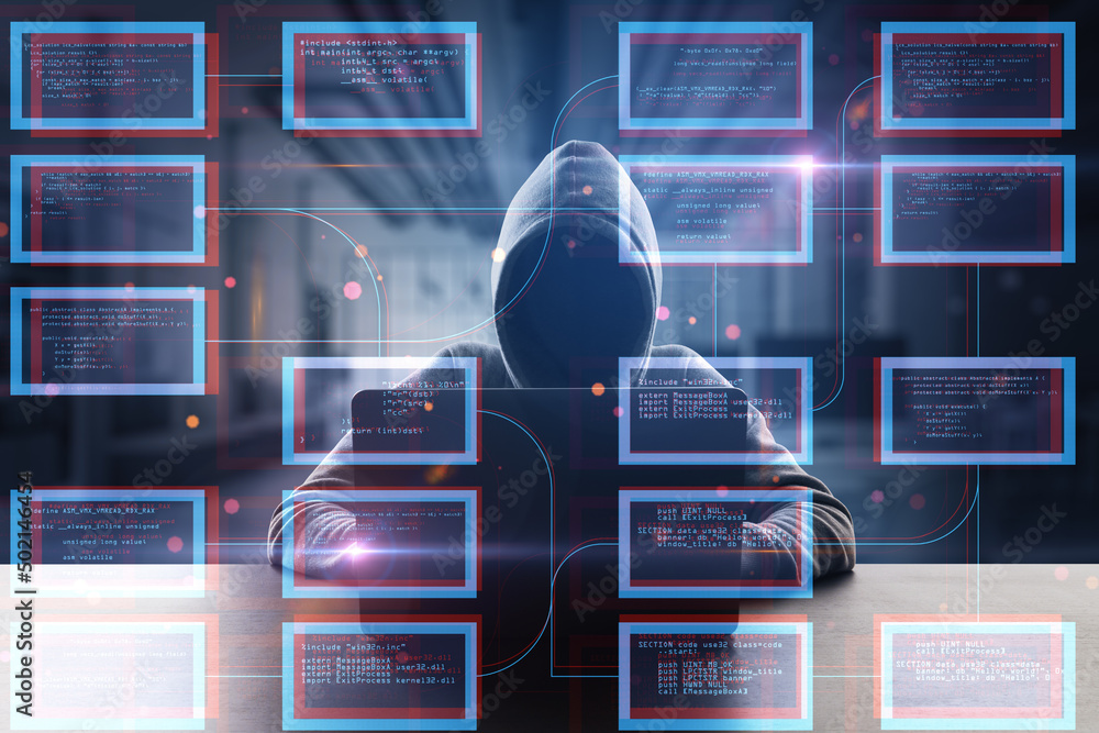 Poster Hacker sitting at desk and using laptop with abstract creative coding programming hologram on blurry interior background. Science, technology and software concept. Double exposure.