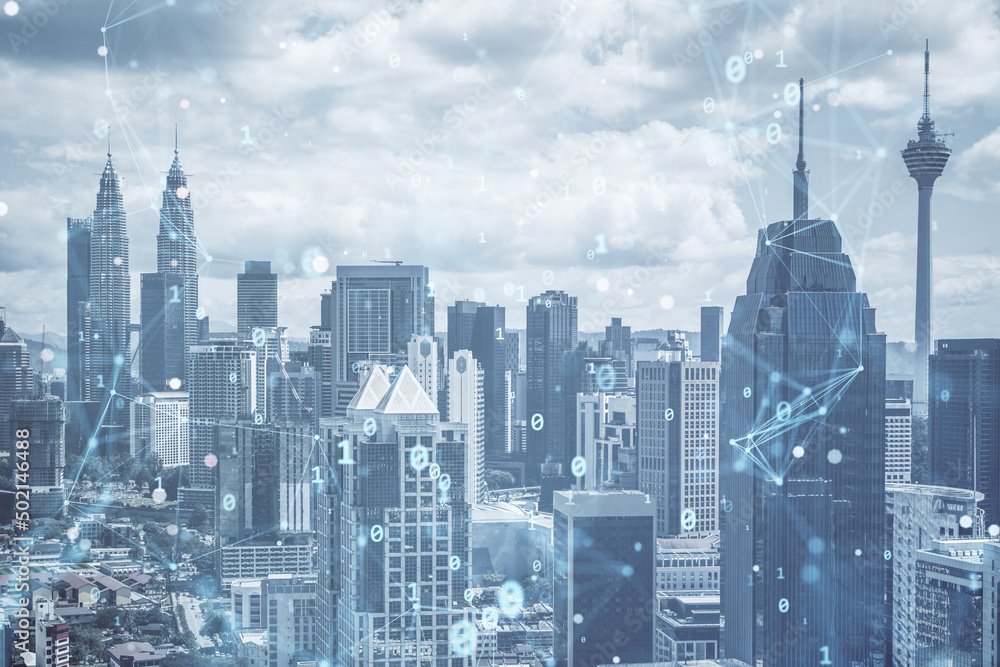 Poster creative binary code city backdrop. digital transformation concept. double exposure.