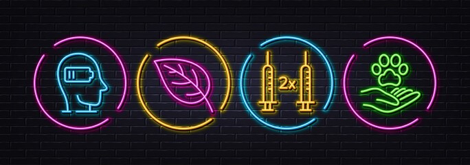 Leaf, Weariness and Coronavirus vaccine minimal line icons. Neon laser 3d lights. Pets care icons. For web, application, printing. Environmental, Mind fatigue, Covid-19 vaccination. Shelter. Vector