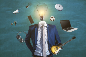Abstract image of headless businessman with idea head, laptop, guitar and other items flying around...
