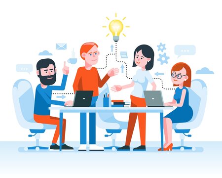 Teamwork of developers on an innovative project. Team work on a new idea. Vector illustration.