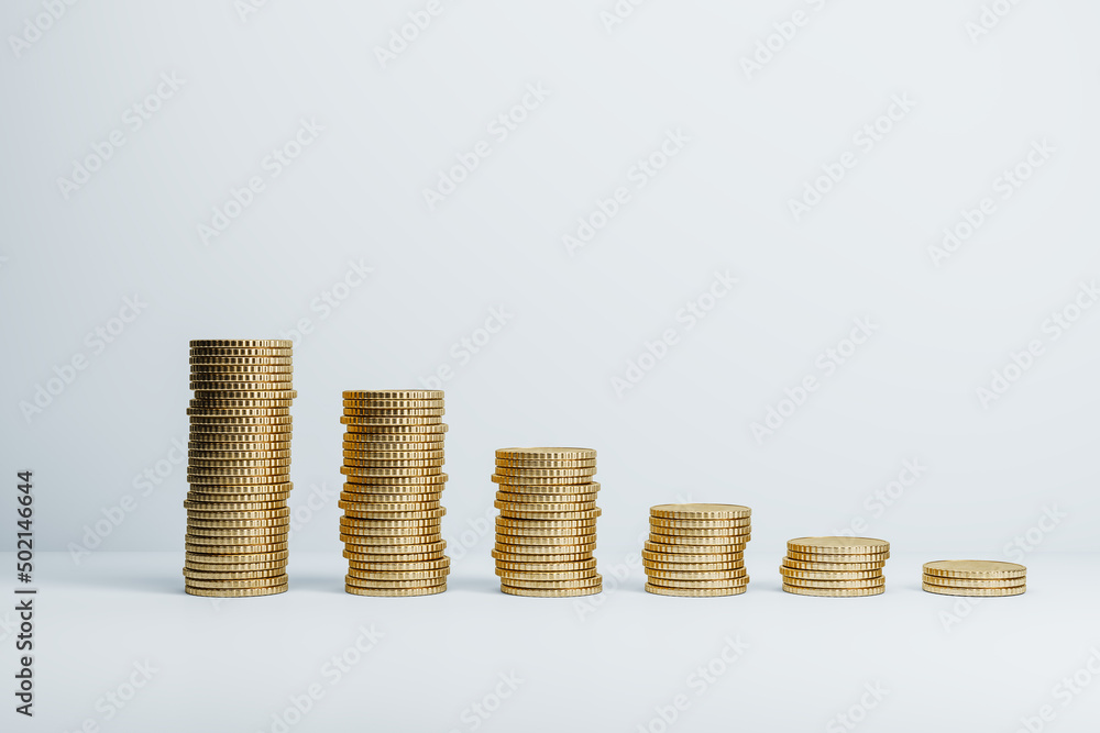 Poster stacked golden coins chart on white background with mock up place. finance, stock and earnings conce